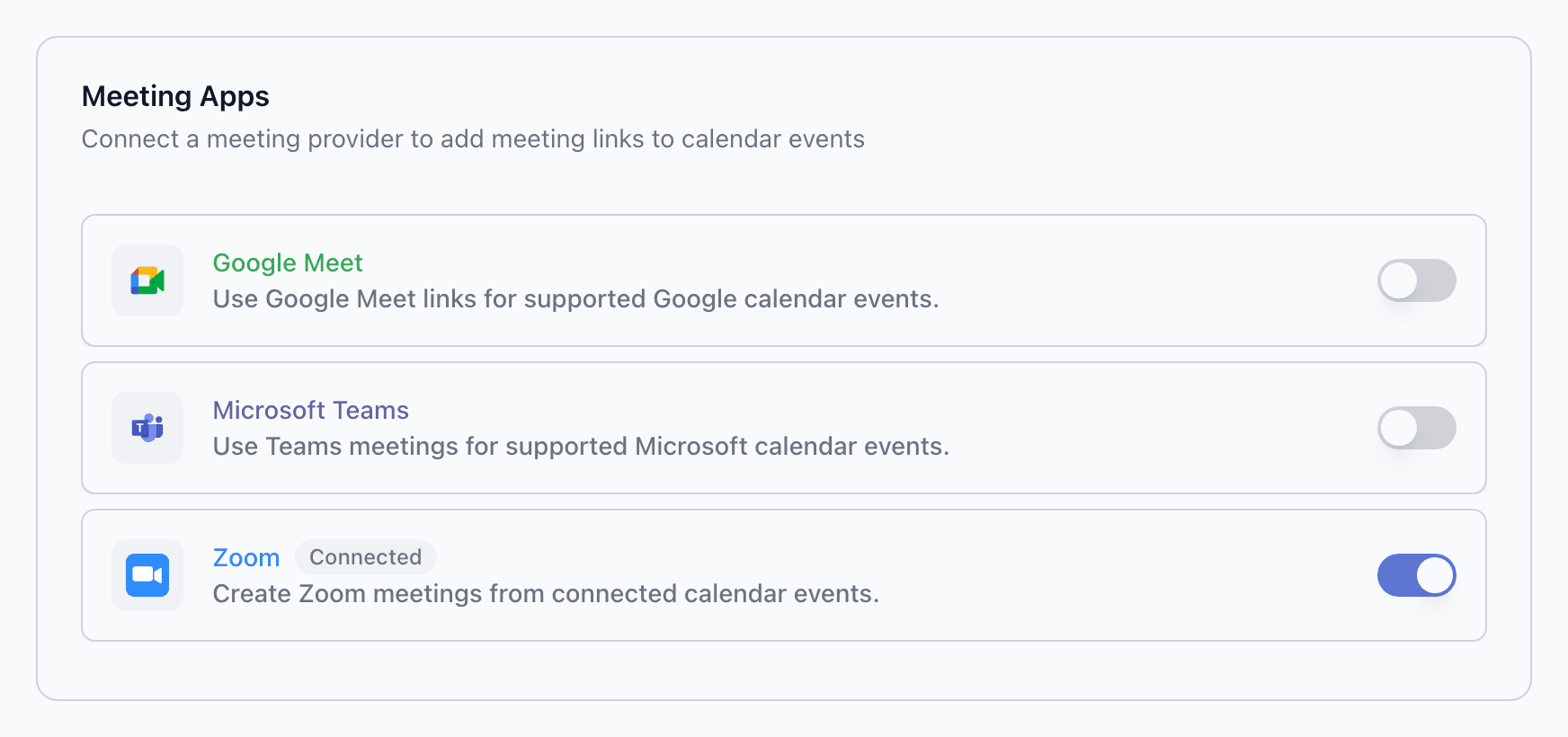Settings App tab — Meeting Apps section showing Google Meet, Teams, and Zoom