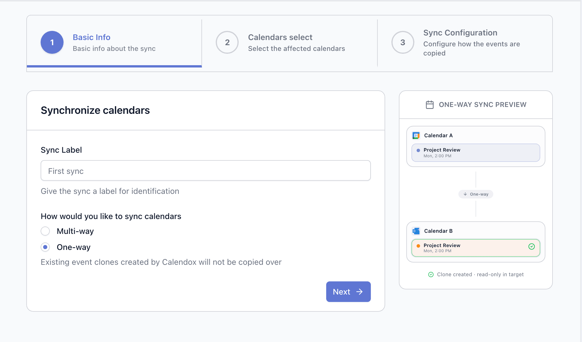 One-way sync setup — source and target calendar selection